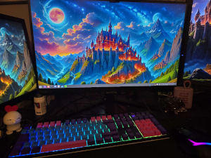 A PC monitor displaying a Linux Mint desktop with a fantasy castle wallpaper.