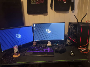 A desktop computer connected to two monitors, all on a desk, runnning Linux Mint.